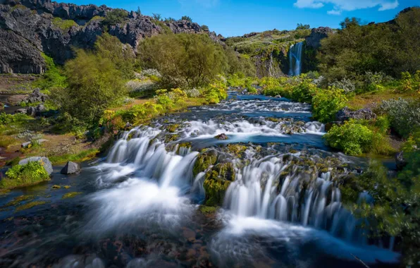 Picture trees, river, waterfalls, cascade, Iceland, Iceland, Gjárfoss, Rauðá River