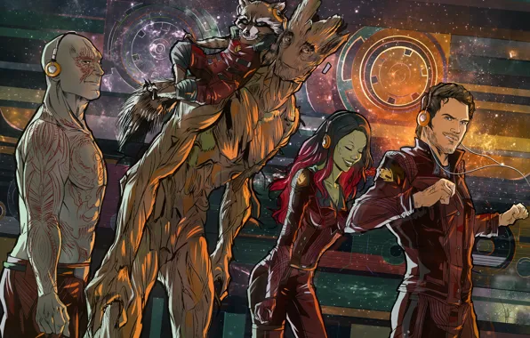 Picture Rocket, raccoon, Guardians Of The Galaxy, Star-Lord, Gamora, Groot, Drax, Guardians of the galaxy