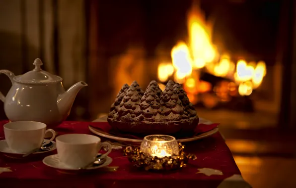 Heat, tea, candle, kettle, pie, Cup, fireplace