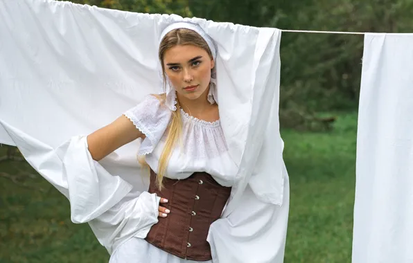 Picture look, girl, pose, blonde, blouse, corset, linen, solitaire