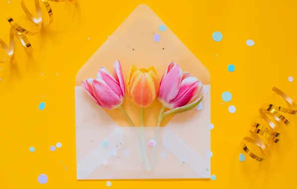 Holiday, eggs, Easter, tape, tulips, the envelope