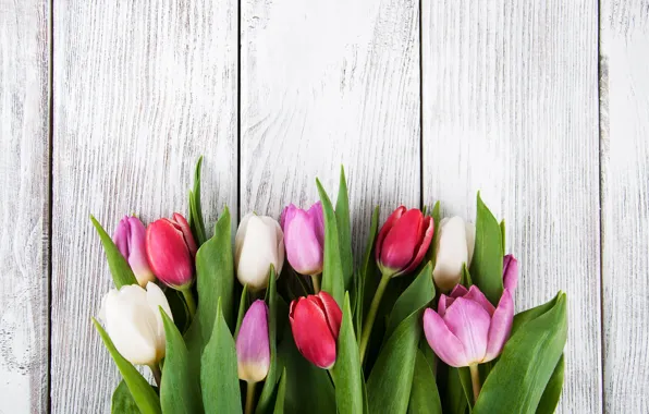 Flowers, bouquet, colorful, tulips, wood, pink, flowers, tulips