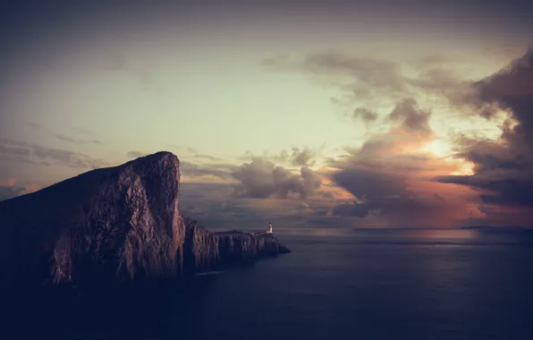 Sea, the sky, clouds, rocks, lighthouse, the evening, UK
