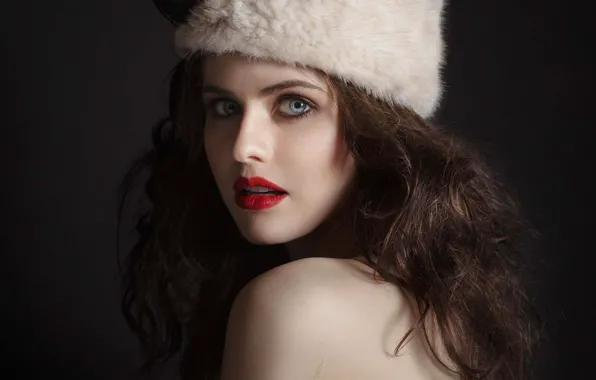 Picture girl, hat, actress, lipstick, brunette, red, blue-eyed, Alexandra Daddario
