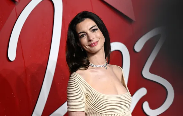 Smile, dress, actress, brunette, neckline, beautiful, Anne Hathaway, Anne Hathaway