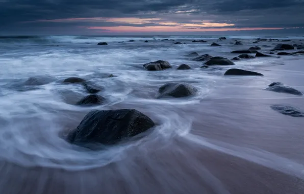 The sky, sunset, clouds, stones, shore, the evening, Australia, The Tasman sea