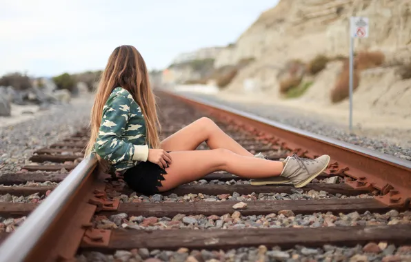 Picture girl, rails, legs, sitting