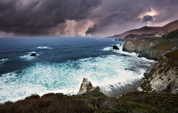 Sea, wave, landscape, clouds, storm, nature, rocks, Wallpaper
