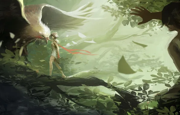 Forest, leaves, bird, thicket, guy, arrows, Princess Mononoke, Princess Mononoke