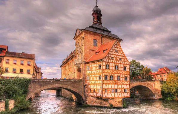 Picture clouds, trees, bridge, river, home, Germany, Bayern, Bamberg