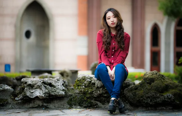 Look, girl, pose, stones, Asian, cutie, bokeh