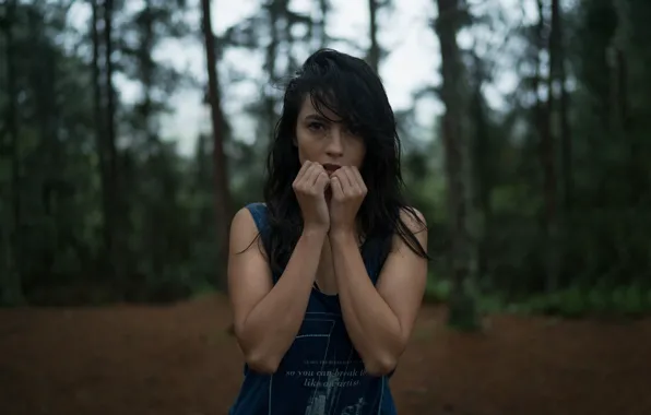 Look, trees, pose, model, portrait, hands, makeup, brunette