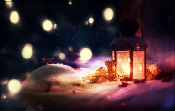 Snow, branches, lantern, bumps, bokeh