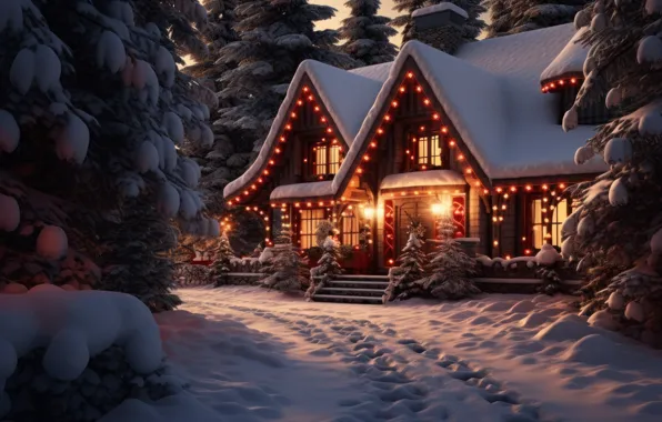 Winter, forest, snow, night, house, Christmas, New year, house