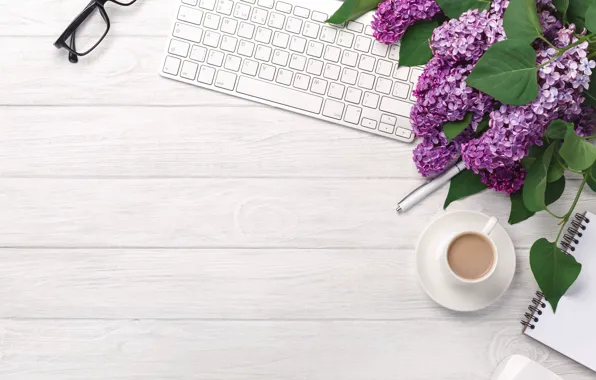 Flowers, coffee, spring, glasses, Cup, keyboard, lilac