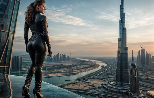 Roof, girl, the city, Dubai, cat woman, the image is generated by AI