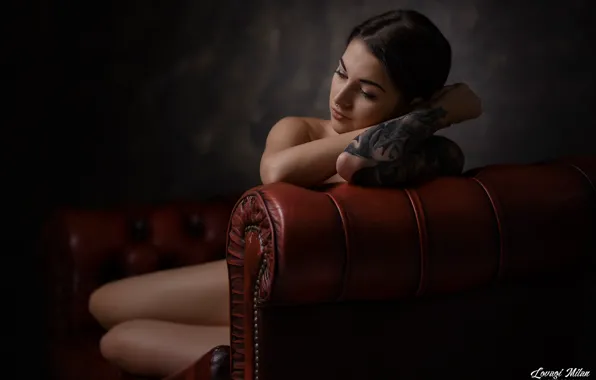 Picture girl, reverie, pose, background, sofa, mood, hands, tattoo