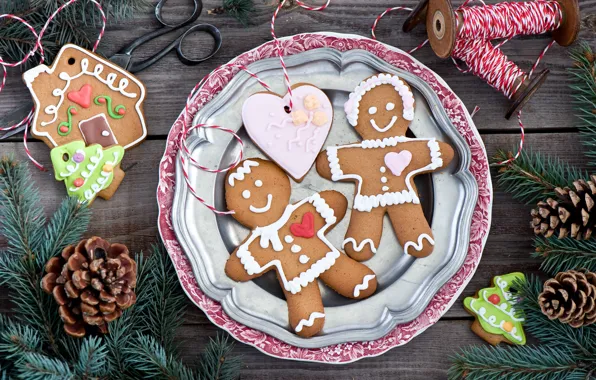 Winter, branches, heart, food, spruce, men, New Year, cookies