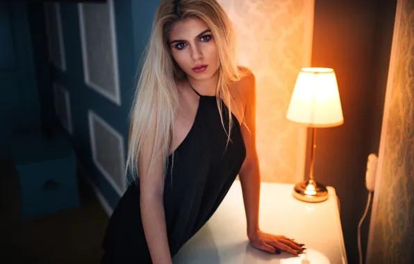 Light, table, lamp, portrait, makeup, dress, hairstyle, blonde