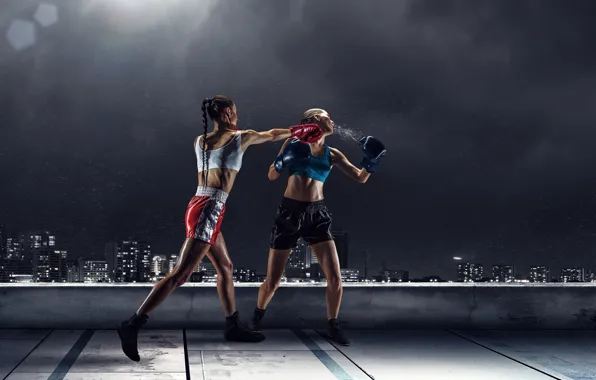 Roof, the sky, light, night, girls, shorts, photoshop, home