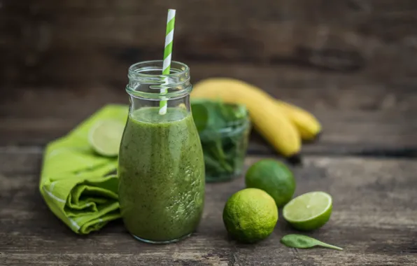 Bottle, bananas, lime, fresh, smoothies, spinach