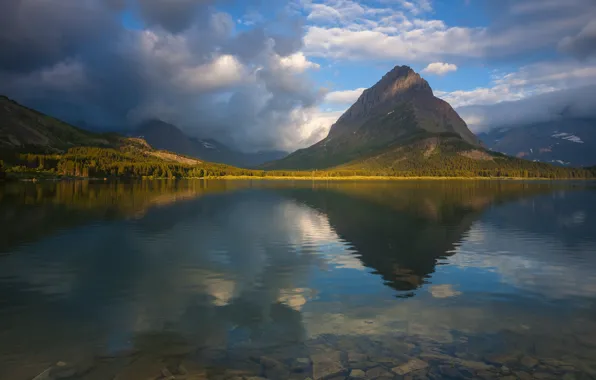 Forest, clouds, mountains, lake, reflection, blue, shore, ruffle