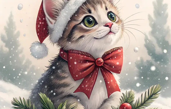 Winter, cat, look, snow, pose, kitty, Christmas, New year