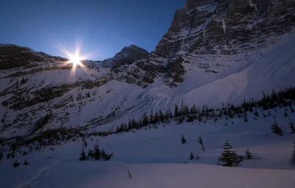 Picture winter, the sky, the sun, rays, snow, trees, mountains, stones