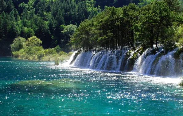 Picture trees, river, waterfall, China, Sunny, Jiuzhaigou National Park