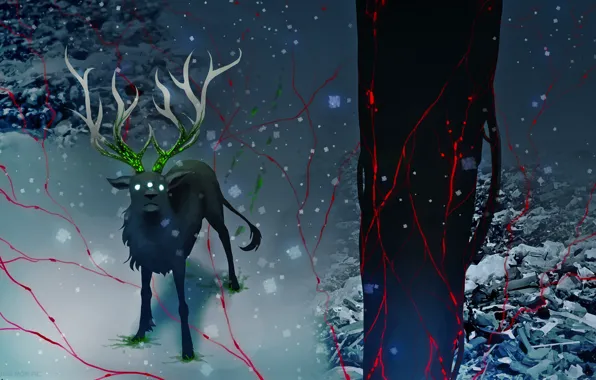 Snow, tree, animal, radiation, deer, art, romance of the Apocalypse, romantically apocalyptic