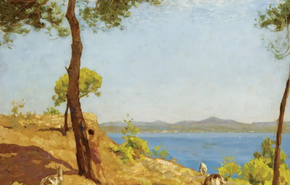 Sea, animals, landscape, tree, picture, The Goat Herder, Algernon Talmage