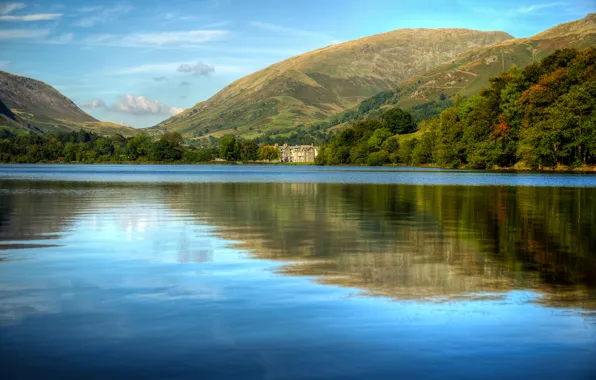 Picture trees, mountains, lake, England, Grasmere