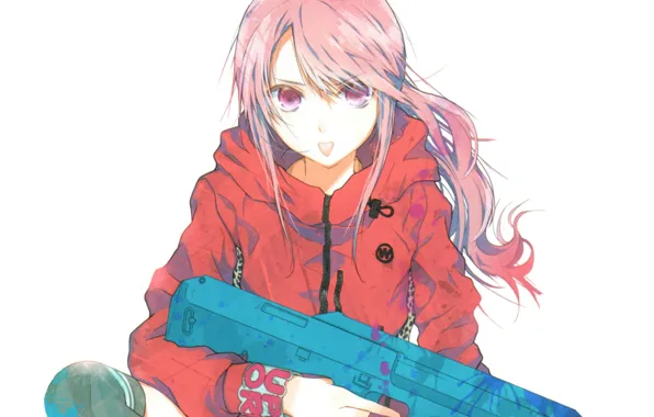 Language, jacket, machine, white background, art, pink hair, haruaki fuyuno, day &amp; girl
