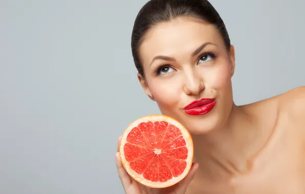 Girl, lipstick, brunette, fruit, lips, red, citrus, grey background