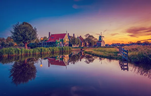 Home, the evening, mill, channel, Holland, Zaanse Schans