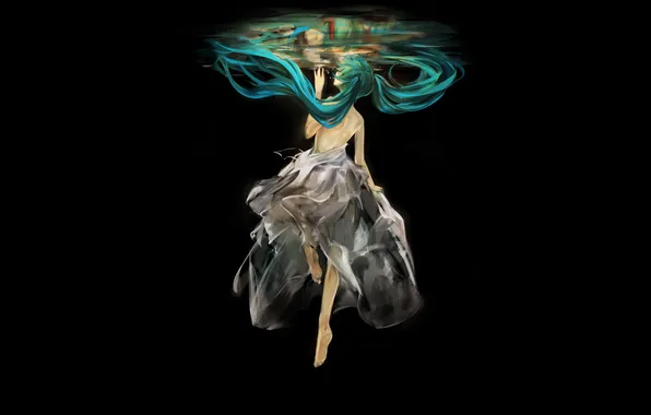 Girl, barefoot, dress, art, vocaloid, Hatsune Miku, shoulders, under water