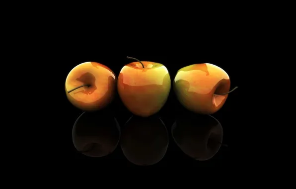 Glass, apples, three, black background