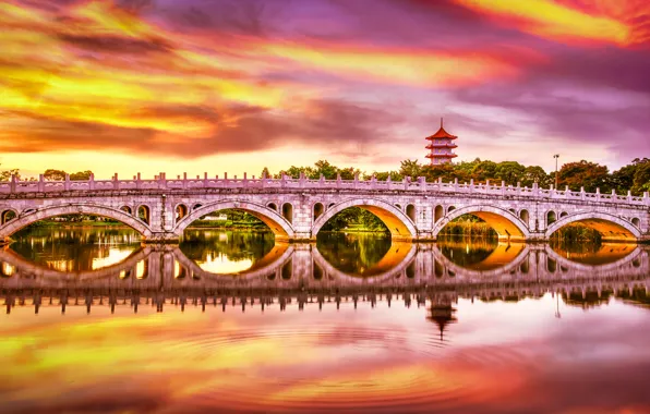Sunset, bridge, lake, reflection, Singapore, pond, Singapore, Chinese Garden