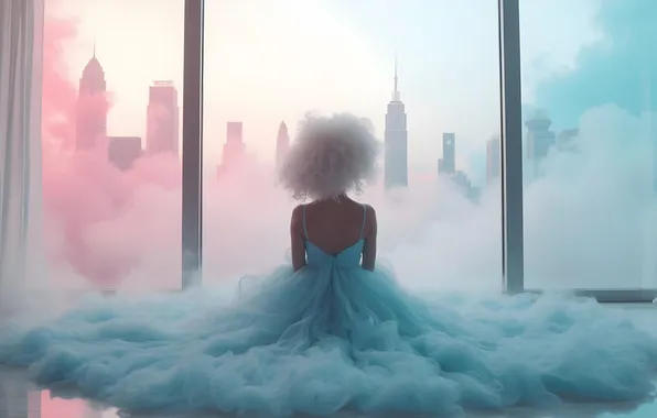 The sky, glass, girl, the city, fog, room, dawn, back