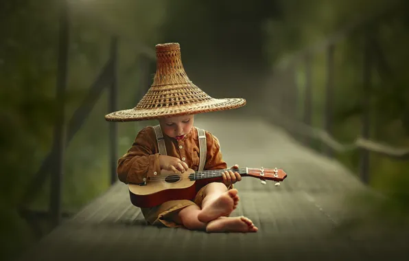 Picture bridge, guitar, hat, barefoot, boy, child, barefoot, Ksenia Lysenkova