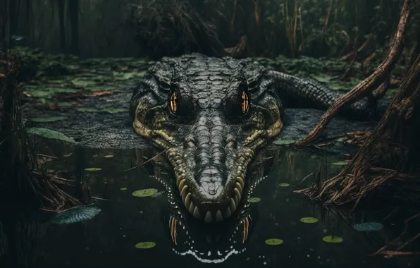Eyes, look, face, water, roots, lake, reflection, rendering