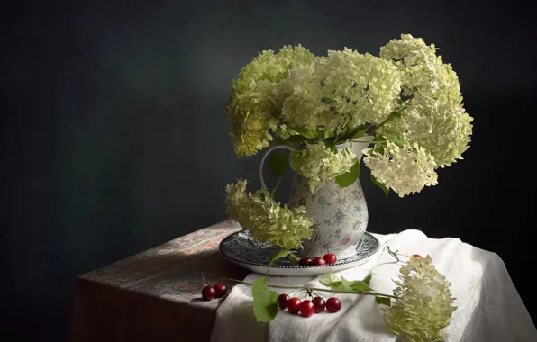 Summer, light, flowers, cherry, berries, the dark background, bouquet, fabric