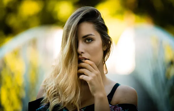 Pose, model, hand, portrait, makeup, dress, hairstyle, blonde