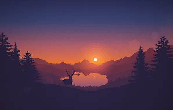 Sunset, The sun, The evening, Mountains, The game, Lake, Forest, View