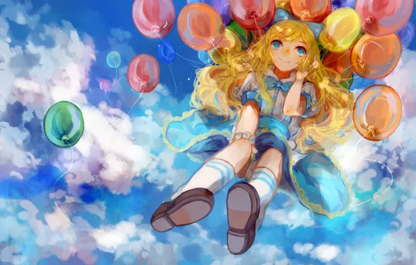 The sky, look, clouds, balls, smile, dress, blonde, painting
