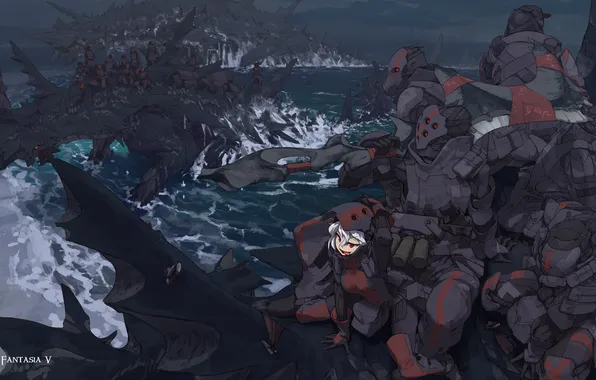 Picture girl, the ocean, shore, dragons, army, anime, art, monsters