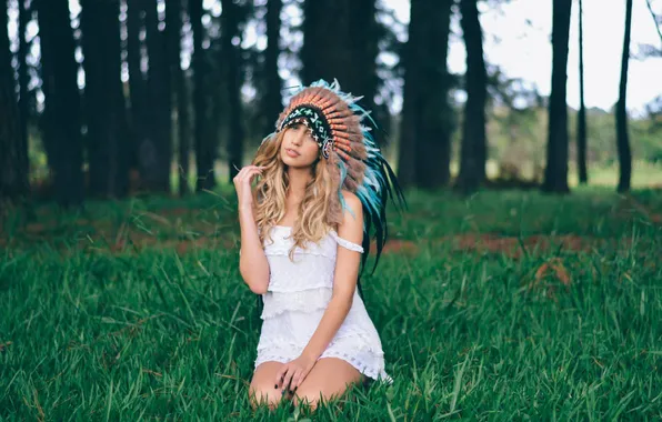 Picture summer, girl, nature, face, feathers, dress, headdress