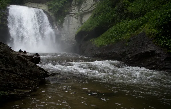 Water, rocks, vegetation, waterfall