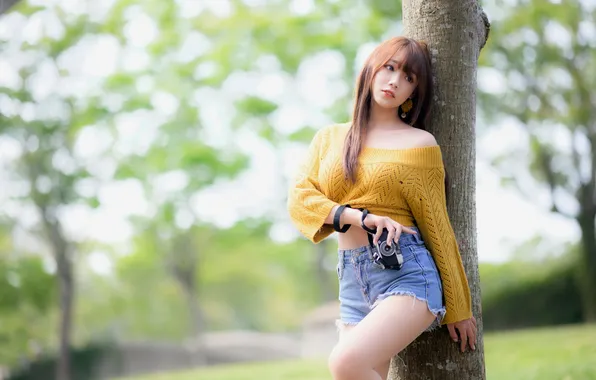 Girl, tree, Asian