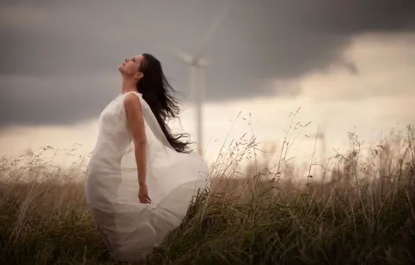Picture field, girl, storm, windmill